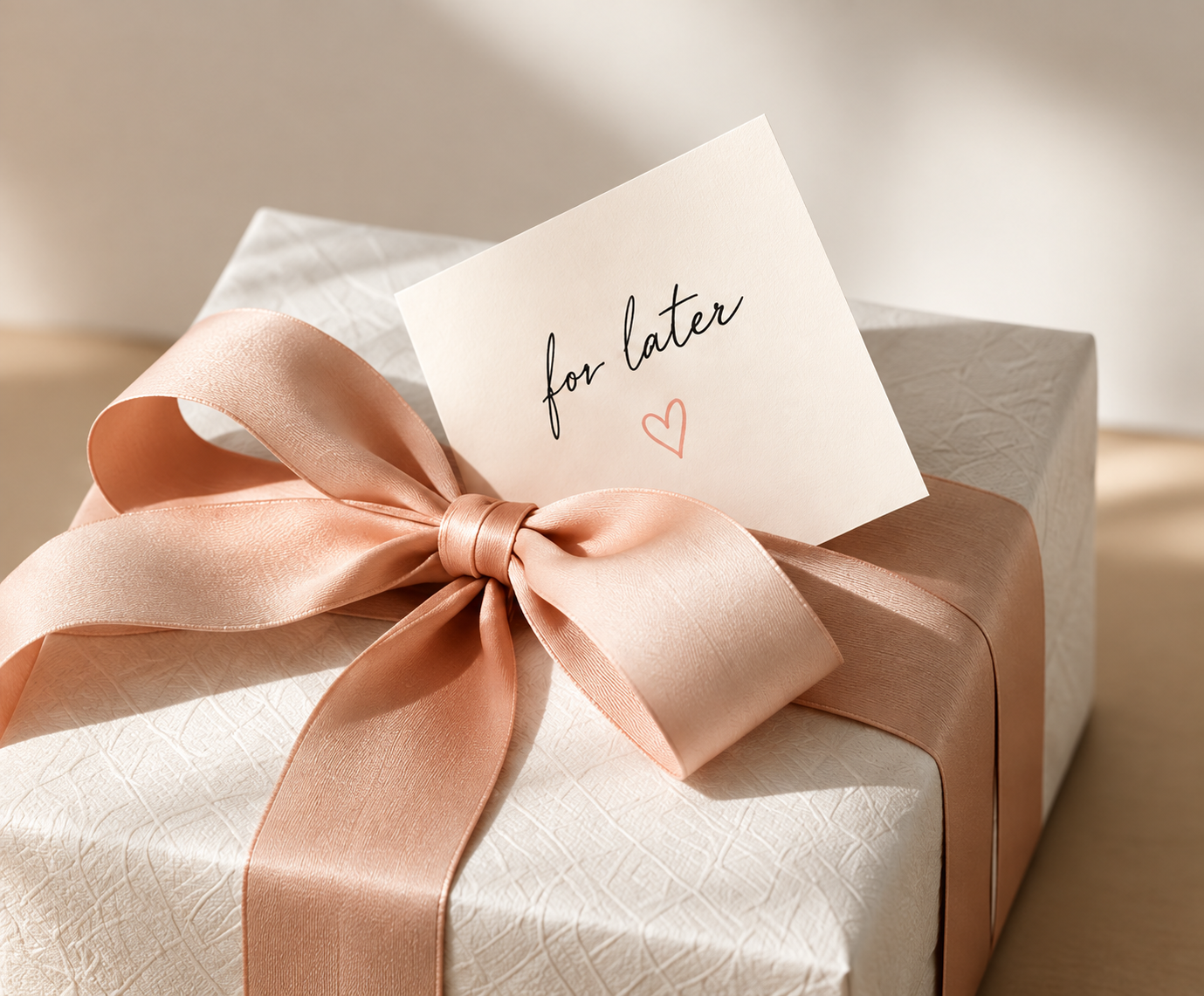 A wrapped gift with a for later card