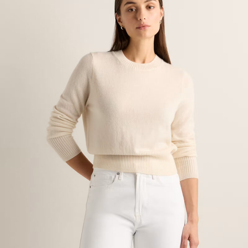 100% Mongolian Cashmere Shrunken Crewneck Sweater in Ivory