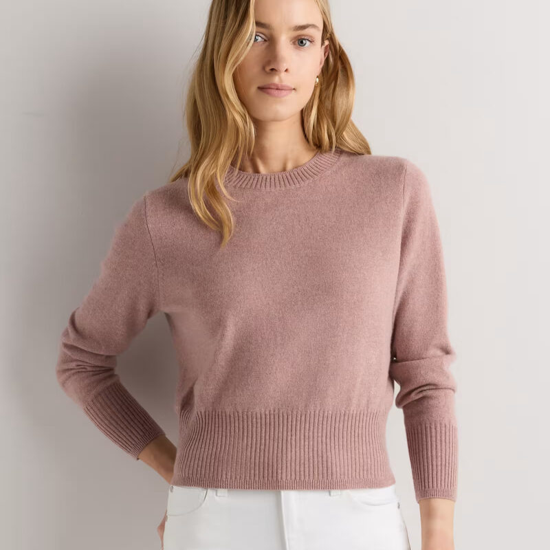 100% Mongolian Cashmere Shrunken Crewneck Sweater in Heather Vintage Pink