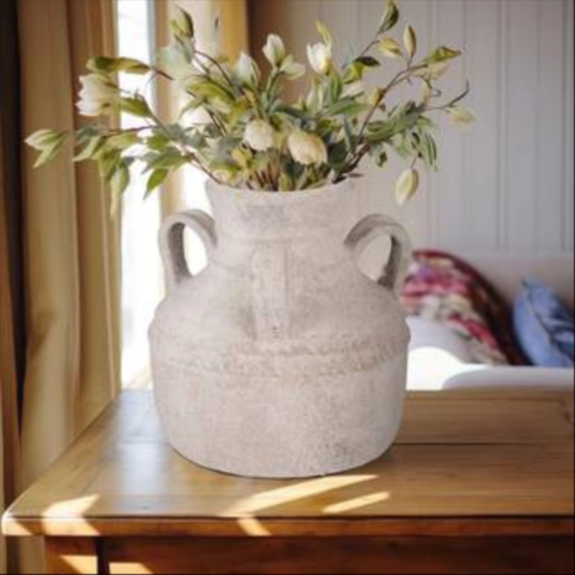 12 in. Ivory Terra Cotta Amphora Decorative Vase