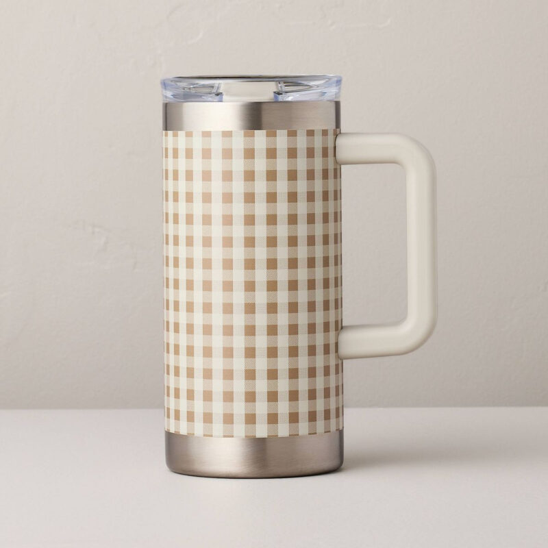20 fl oz Large Stainless Steel Insulated Travel Mug Tan Gingham - Hearth & Hand™ with Magnolia