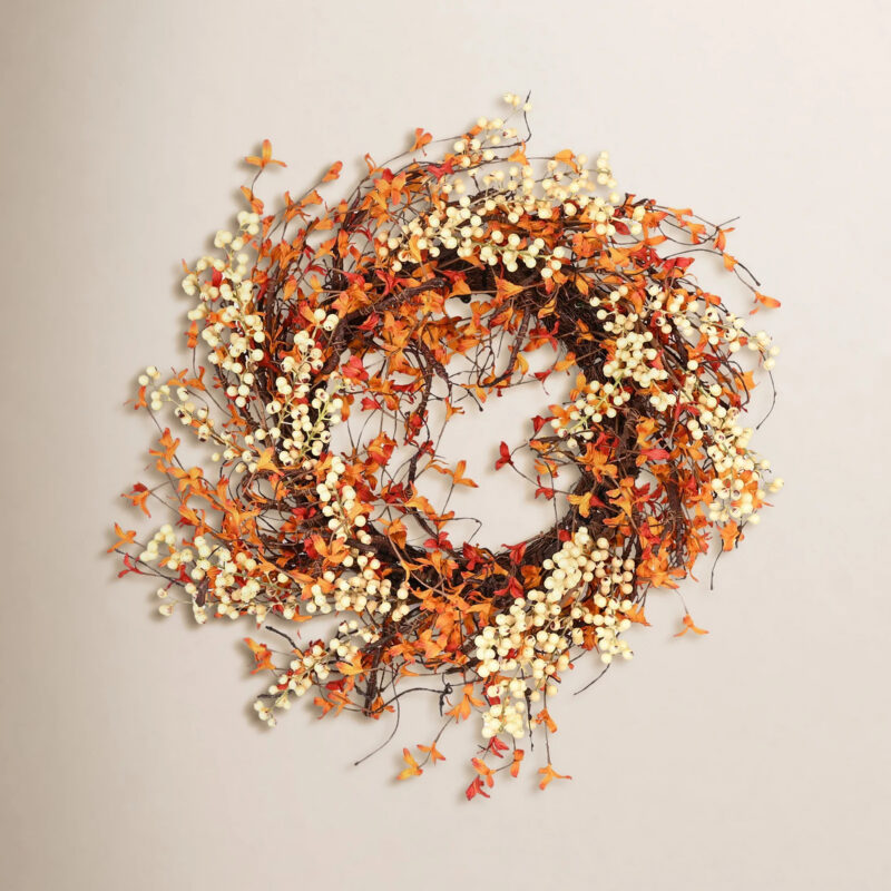 24" Faux Fall Autumn Berry Front Door Wreath, Farmhouse Thanksgiving Day Decor