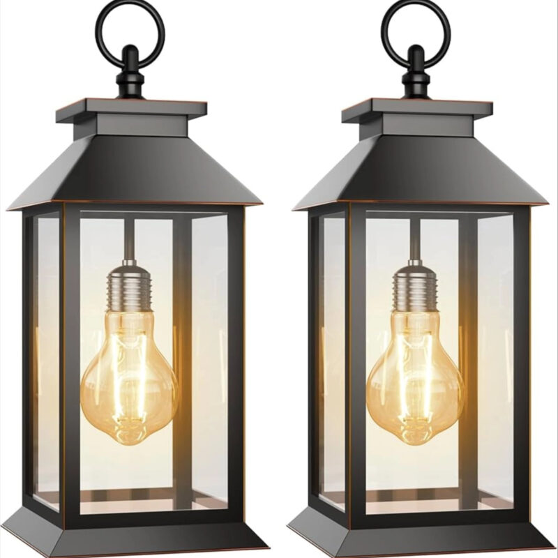 2 Pack Solar Lanterns Outdoor, Hanging Glass Solar Lights Waterproof, Dual Power Solar & 2*AA Bat...