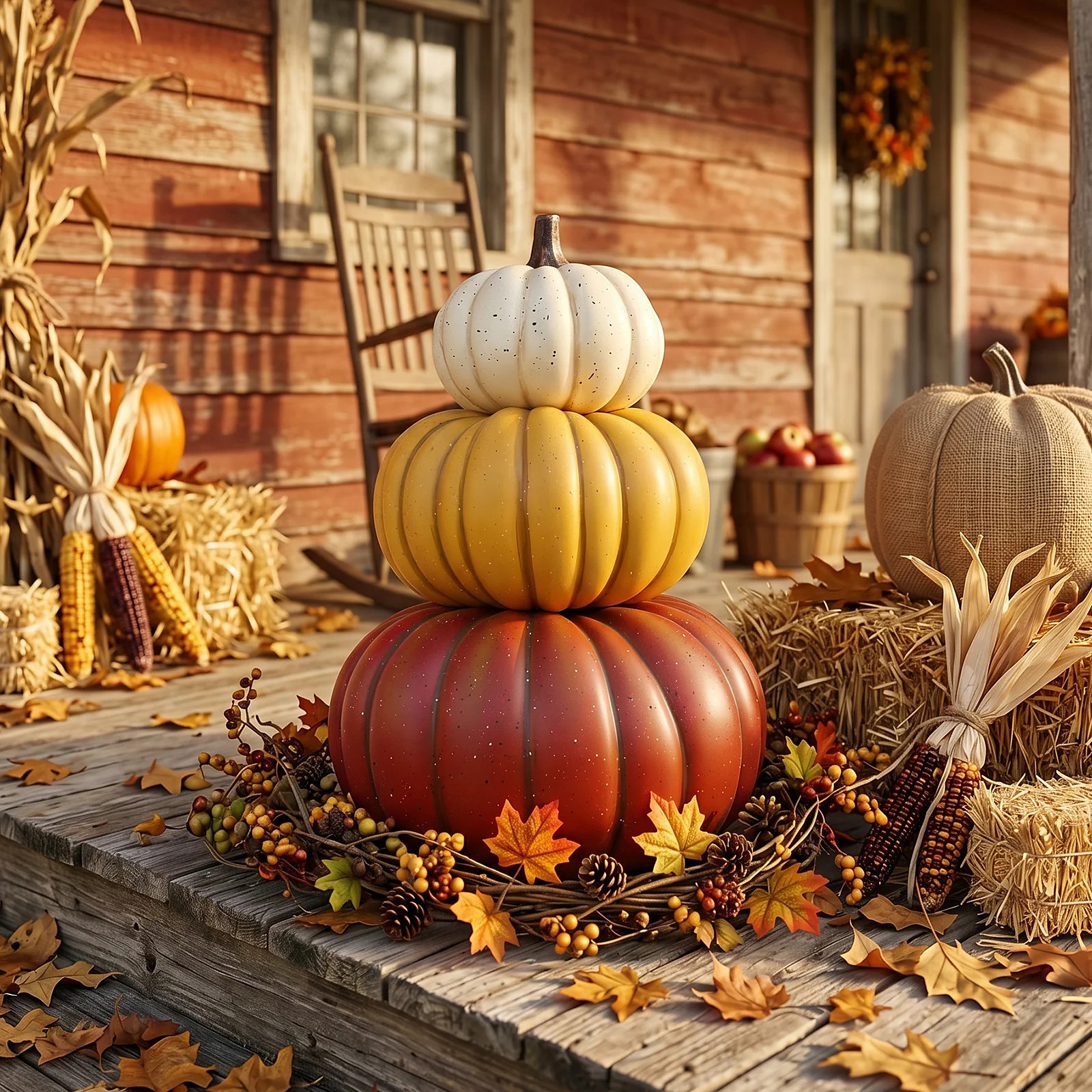 3 Tier Stacked Speckled Pumpkin Statue, 23.2 Inch Fall Harvest Porch Decor, Waterproof Outdoor Th...