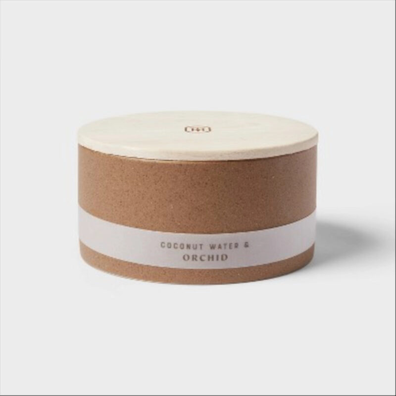 3 Wick 14oz Matte Textured Ceramic Wooden Wick Candle Brown / Coconut Water and Orchid – Threshold™;