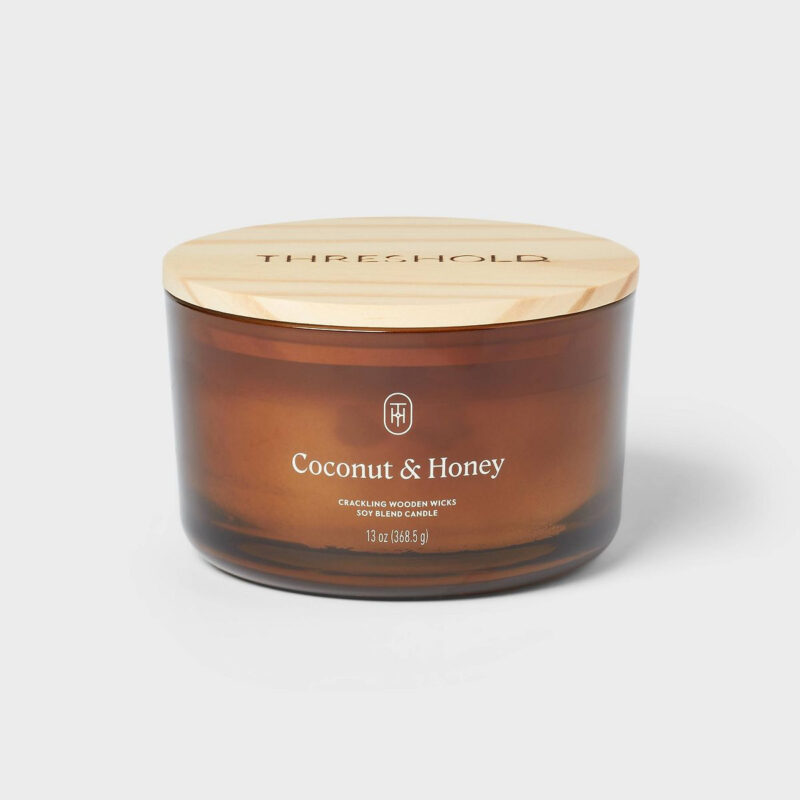 3-Wick Amber Glass Wooden Wick Coconut and Honey Jar Candle 13oz - Threshold™