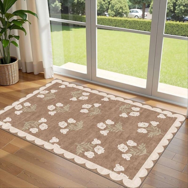 3x5 Floral Entry Rug - Small Washable Indoor Outdoor Mats for Front Door Non-Slip Porch Rug Tan B...