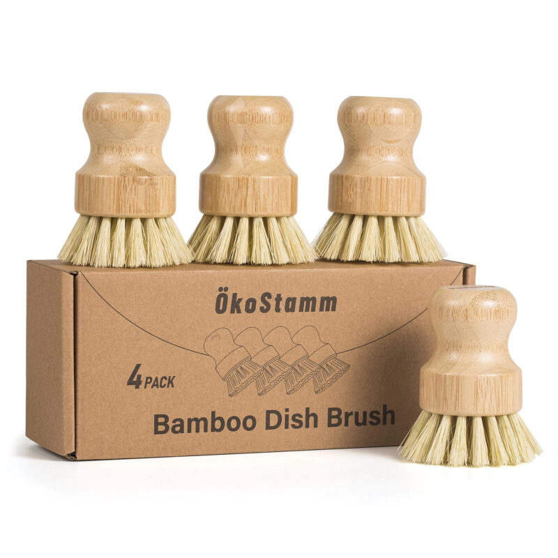 4 Pack Bamboo Dish Brush, Dish Scrubber Brush with Sisal Bristle, Natural Scrub Brush for Kitchen...