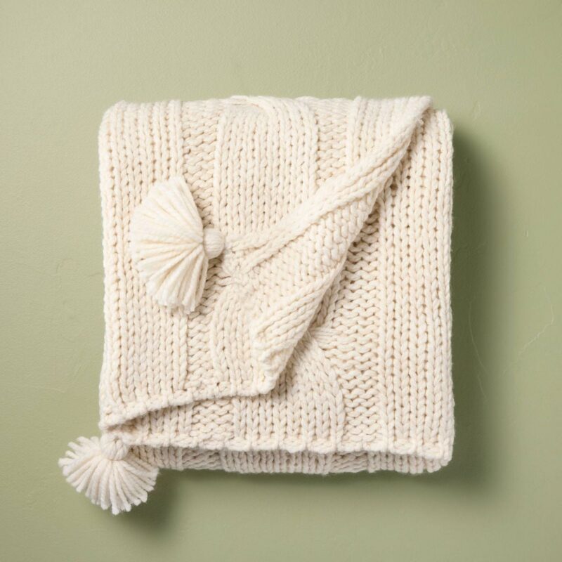 50"x60" Cable Knit Throw Blanket Cream - Hearth & Handu2122 with Magnolia