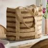 Striped Raffia Travel Tote, Natural