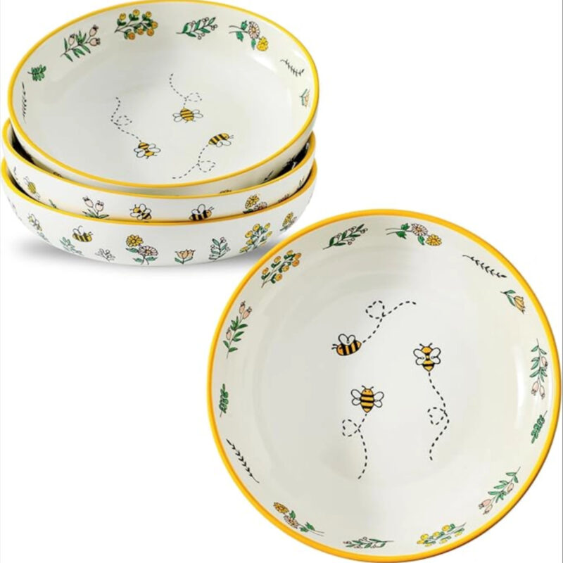 8.5" Ceramic Pasta Bowls Set of 4, Large Dinner Plates and Bowls for Kitchen, Hand Painted yellow...
