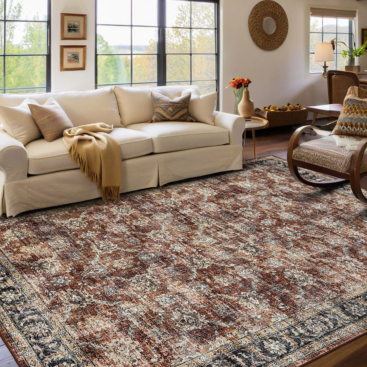 8'x10' Washable Rug Living Room Rug Vintage Floral Rug Oriental Area Rug, Non Slip Low Pile Rug, ...