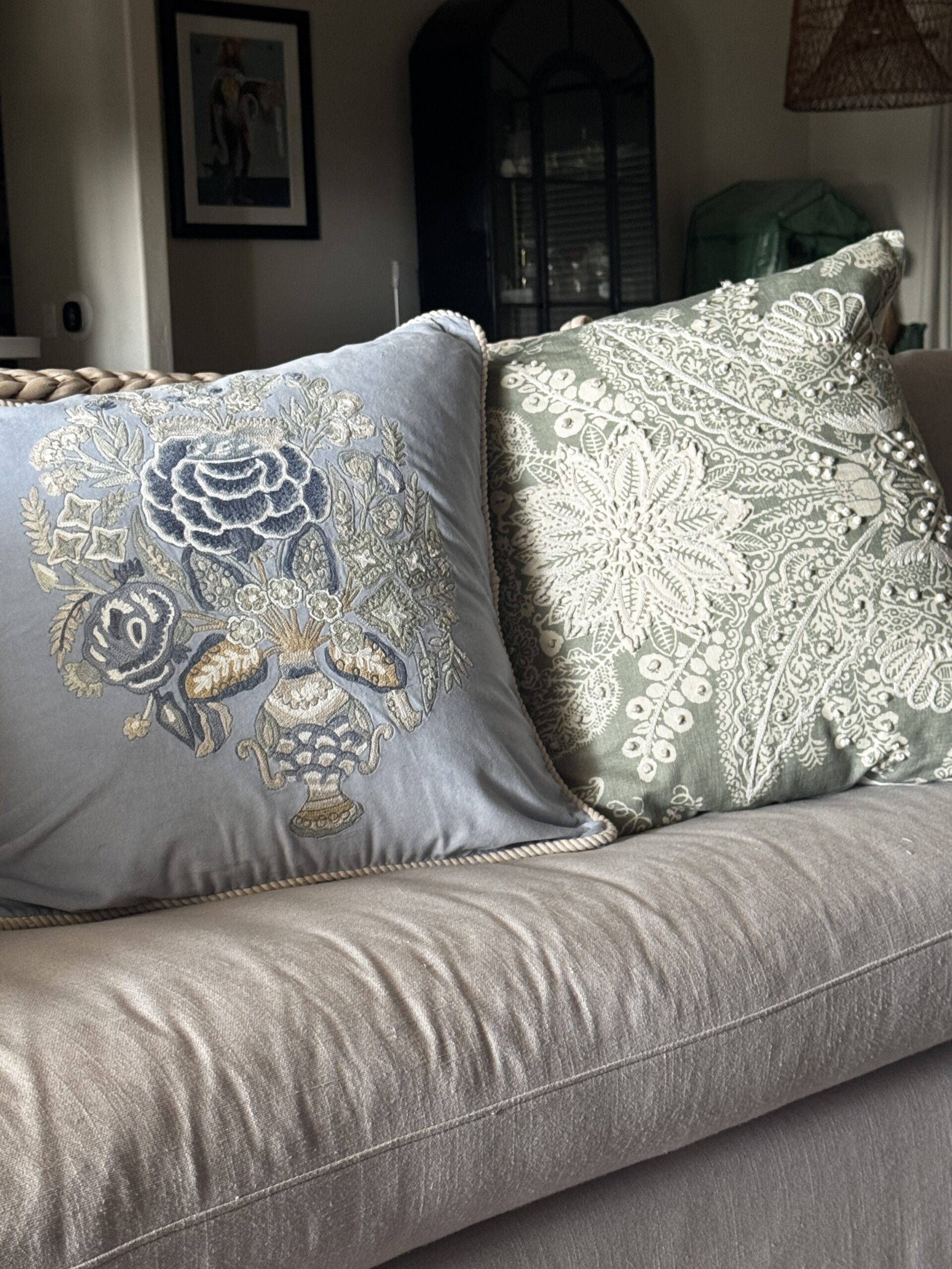 AFTER: Kravet Rosehill pillows on living room sofa