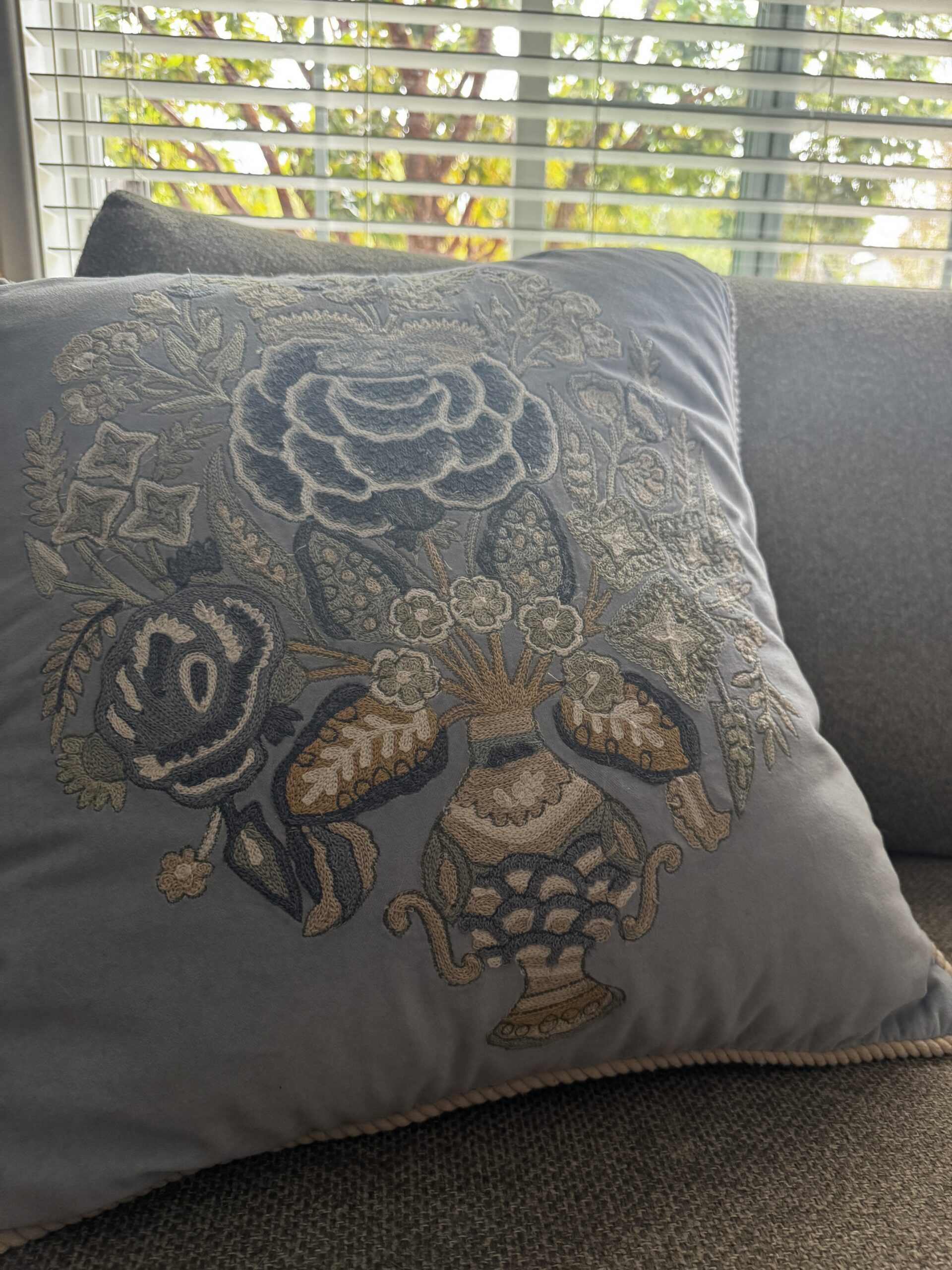 Kravet Rosehill pillows on living room sofa