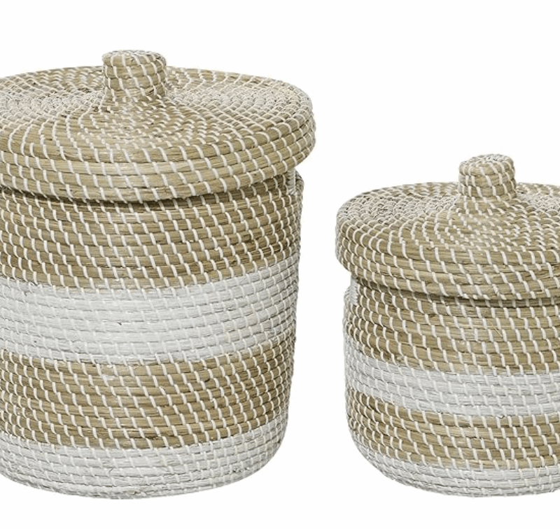 DecMode 13", 17"H Brown Seagrass Handmade Woven Two-Toned White Storage Basket