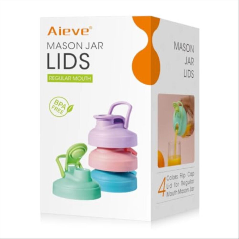AIEVE Mason Jar Pour Spout Lid, 4 Pack Regular Mouth Mason Jar Lids with Flip Top,Reusable and Leak-Proof Plastic Canning Pitcher Lids tor Milk, Coffee, Juice, Lemonade,Colorful(Jars not Included)