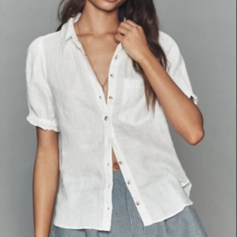 Aly 100% European Linen Puff-Sleeve Blouse