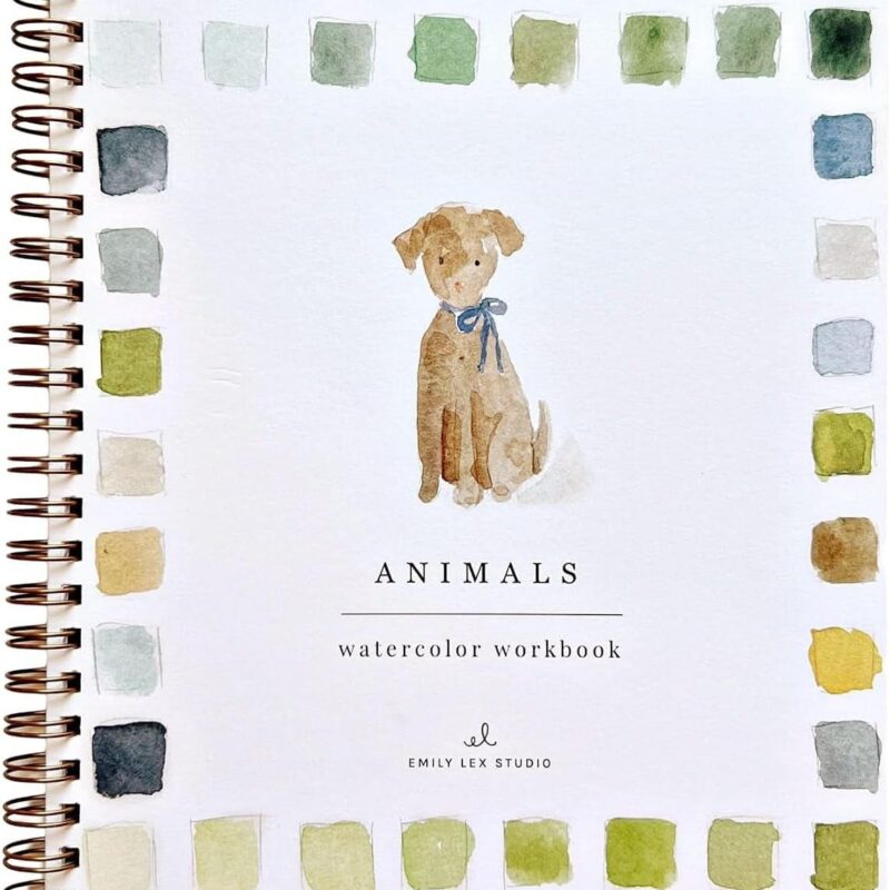 Animals Watercolor Workbook by Emily Lex Studio, 12 Beginner Friendly Sketched Illustrations, Lay Flat Spiral Pages, 6.5 x 9 inch, 120lb Watercolor Paper