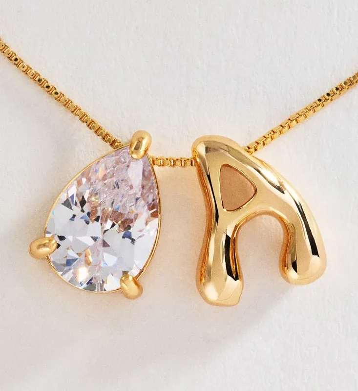 Bubble Initial and Pear-Cut Stone Necklace