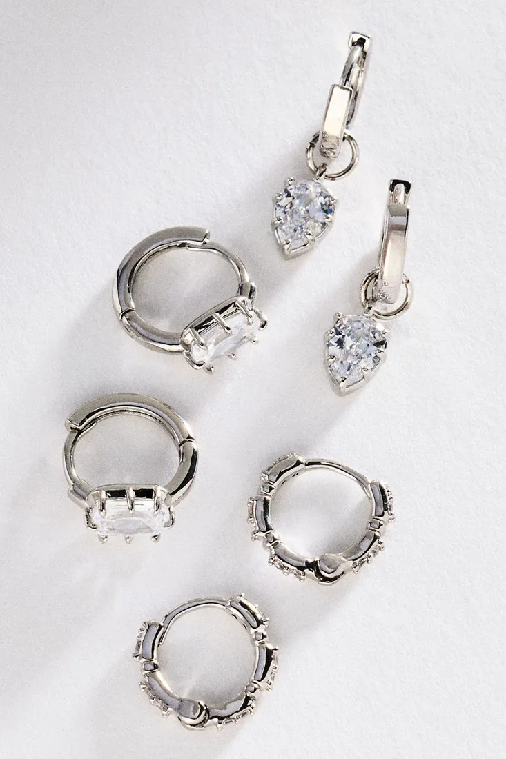 By Anthropologie Chunky Crystal Huggie Hoop Earrings, Set of 3