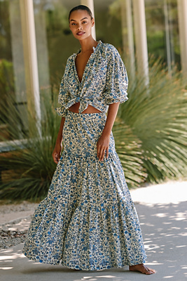 Ro's Garden Frilly 100% Cotton Midi Skirt Anthropologie