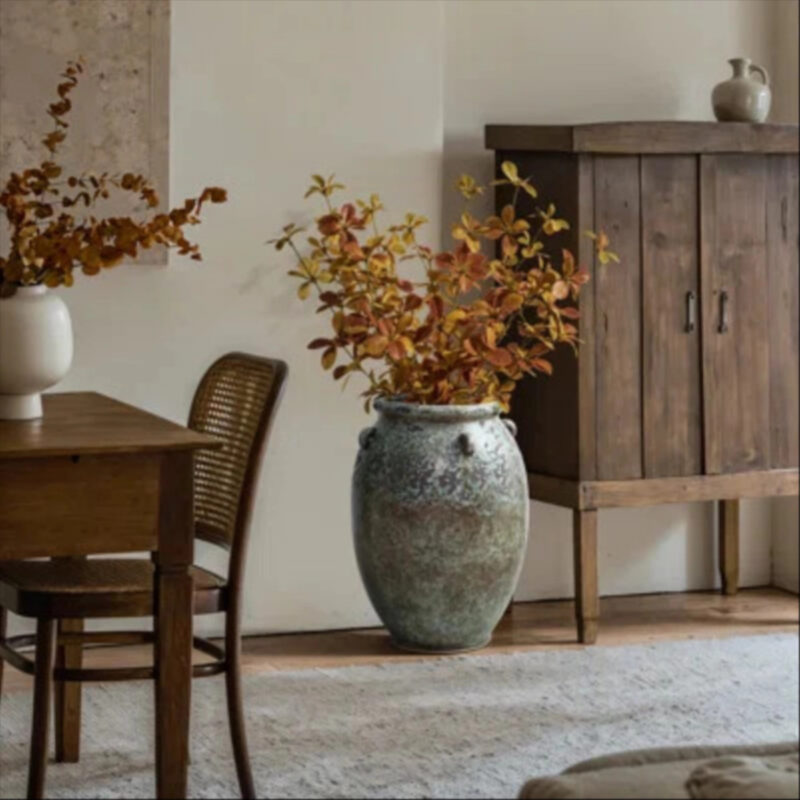 Antiqued Terracotta Jar Vase, Rustic Green & Brown Flower Holder