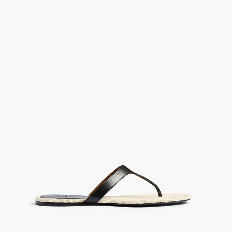 Archer Flat Sandal in Black Leather and Natural Canvas Khaite