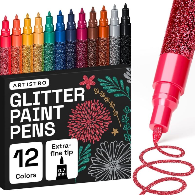 ARTISTRO 12 Glitter Paint Pens for Glass Marking - Extra-Fine Tip