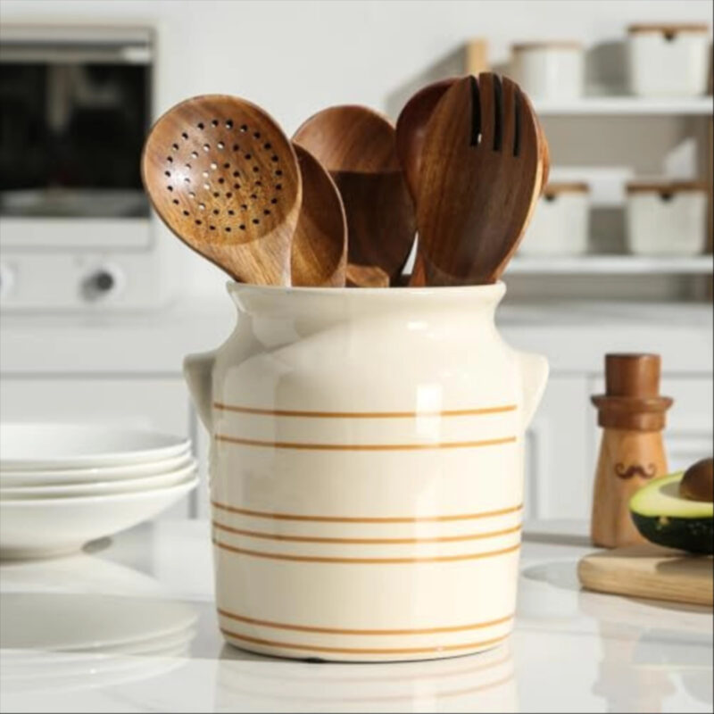 ATLZBLTCI Ceramic Farmhouse Kitchen Utensil Holder for Countertop, Rustic Cooking Utensil Holder Crock Fit for Kitchen Counter. 6*6.8*6.7 IN