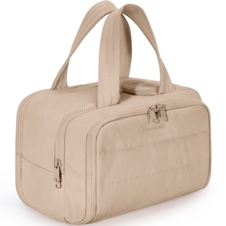 BAGSMART Crush Toiletry Bag for Travel, Lightweight Large Wide-open Travel Bag for Women, Puffy Cosmetic Makeup Bag Organizer with Handle for Accessories,Essentials, Toiletries, Khaki