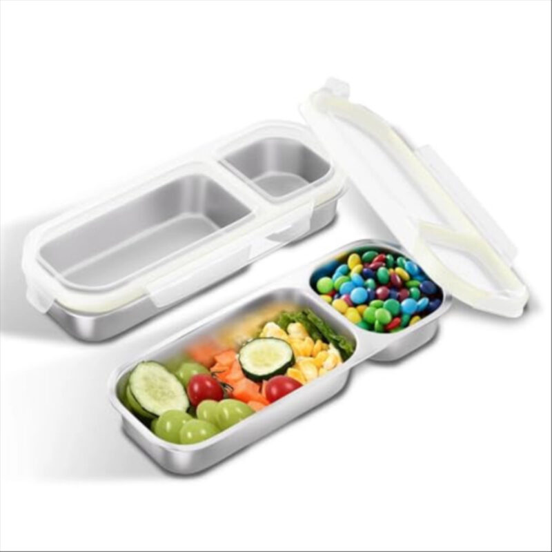 Bakpoco Stainless Steel Snack Containers for Kids Adults, 2 Pack 2 Compartment Metal Snack Containers Box with Lid, Reusable Food Storage Container, Leak Proof, Grab and Go