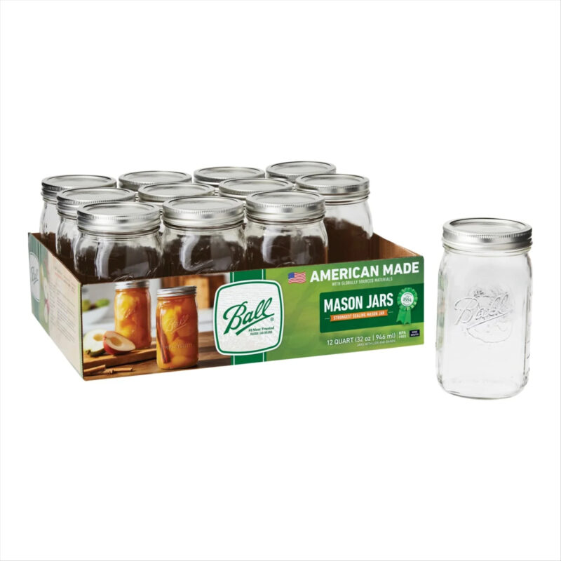 Ball 32 oz Mason Jars, Wide Mouth Quart Canning Jars with Lids and Rings, 12-Pack Large Glass Jar...