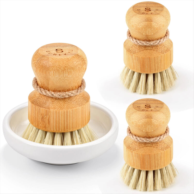 Bamboo Dish Scrub Brushes,Kitchen Wooden Cleaning Scrubbers Set for Washing Cast Iron Pan/Pot, Na...