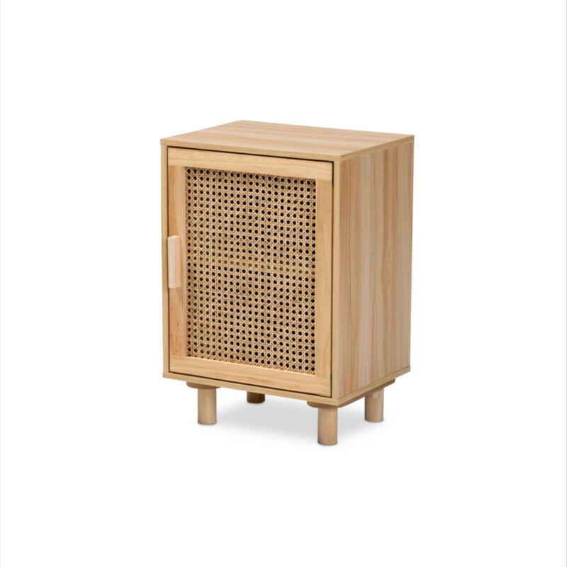Baxton Studio Maclean Mid-Century Modern Rattan and Natural Brown Finished Wood 1-Door End Table - Beige/Natural Brown