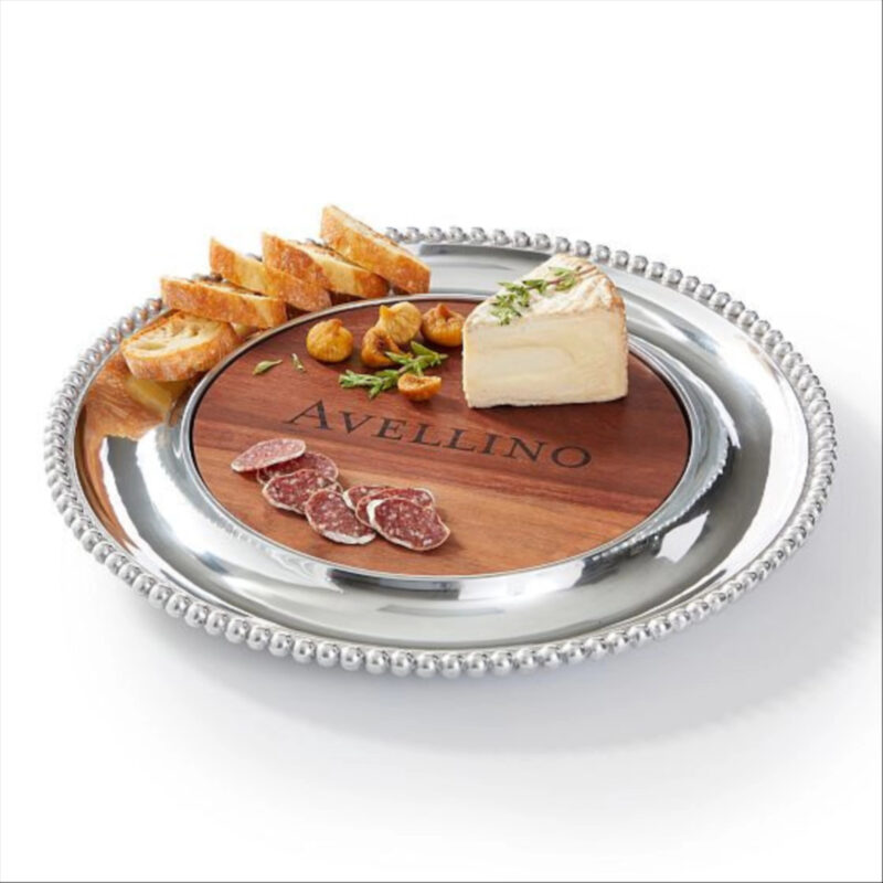 Beaded Silver and Walnut Wood Cheese Board, Round