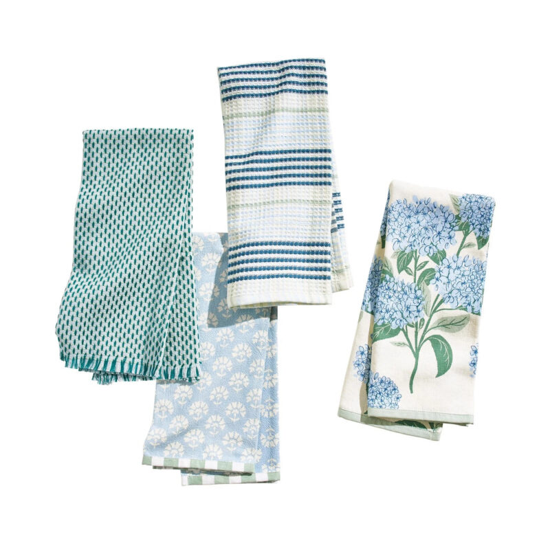 Beautiful Home by Drew Barrymore Floral Trellis Kitchen Towel Set, 4 Piece, Blue, 18" x 28" - Wal...