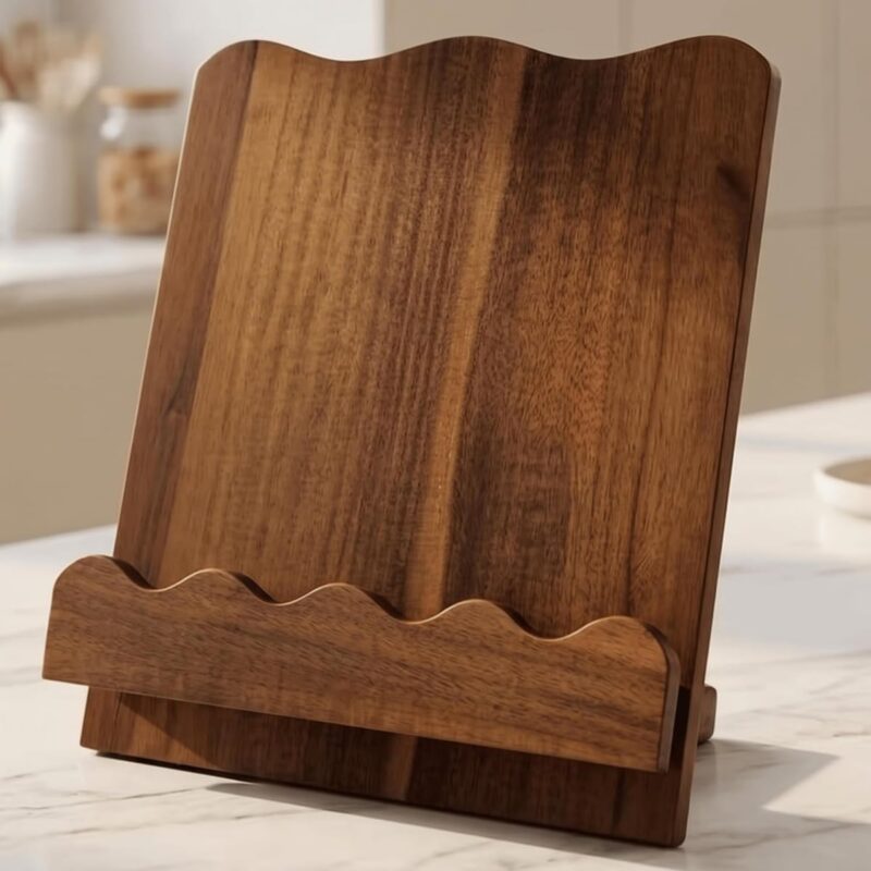 Beautiful Wooden Cookbook Stand for Your Kitchen Counter – Solid Wood Scalloped Book Holder (Acacia)