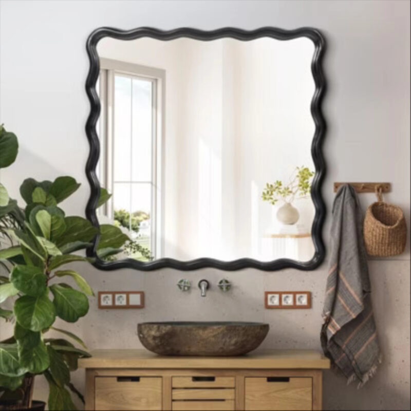 Beautyolove 36 in. W x 36 in. H Square Black Wood Framed Wavy Wall Mirror