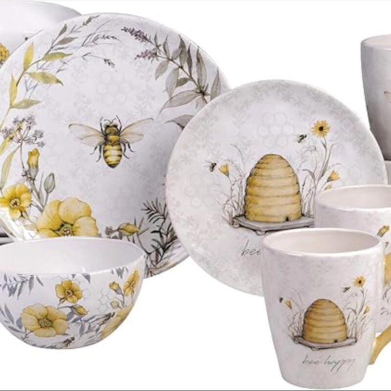 Bee Sweet 16-Piece Ceramic Dinnerware Set – Service for 4, Farmhouse Bee and Floral Design, Inc...
