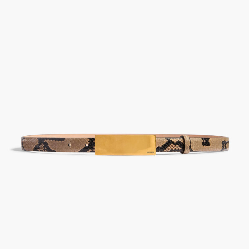 Berlin Belt in Python-Embossed Taupe with Antique Gold Khaite