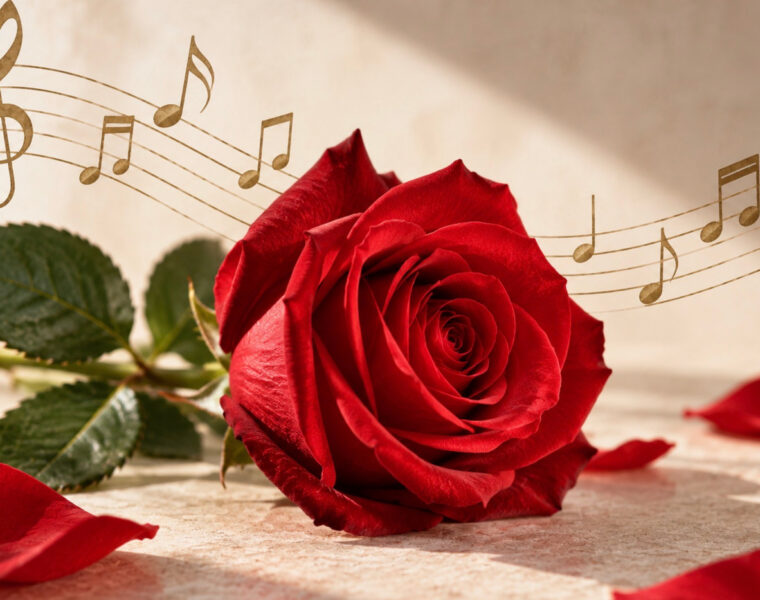 Red rose with musical notes representing the Beyoncé and Selena “Como La Flor” song