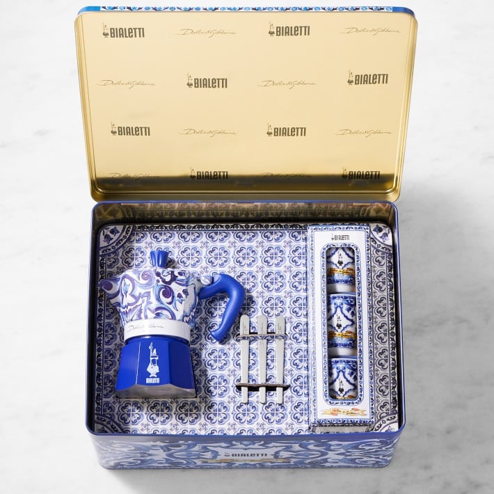 Bialetti Moka Dolce & Gabbana 3-Cup + 3 Espresso Cups & Stirrers Gift Set, Blu Mediterraneo