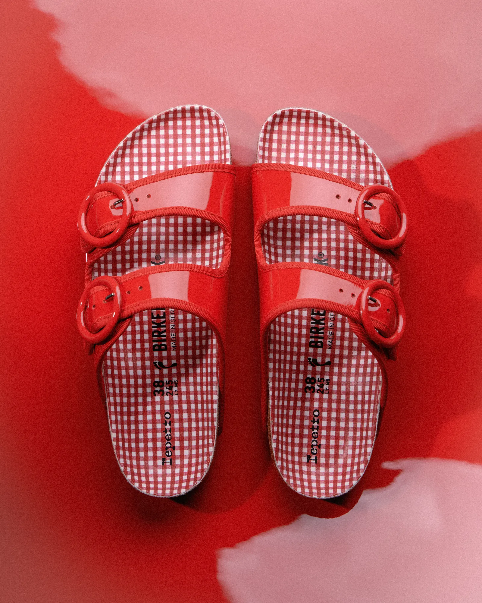 Birkenstock x Repetto Arizona sandal in Flame Red with gingham lining