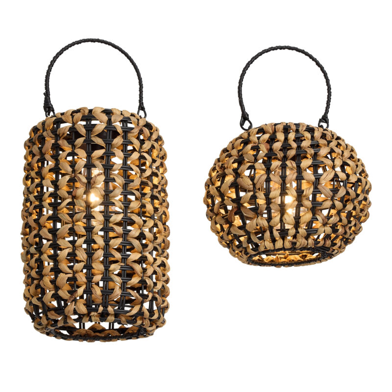 Black and Natural Woven Water Hyacinth Solar LED Lantern