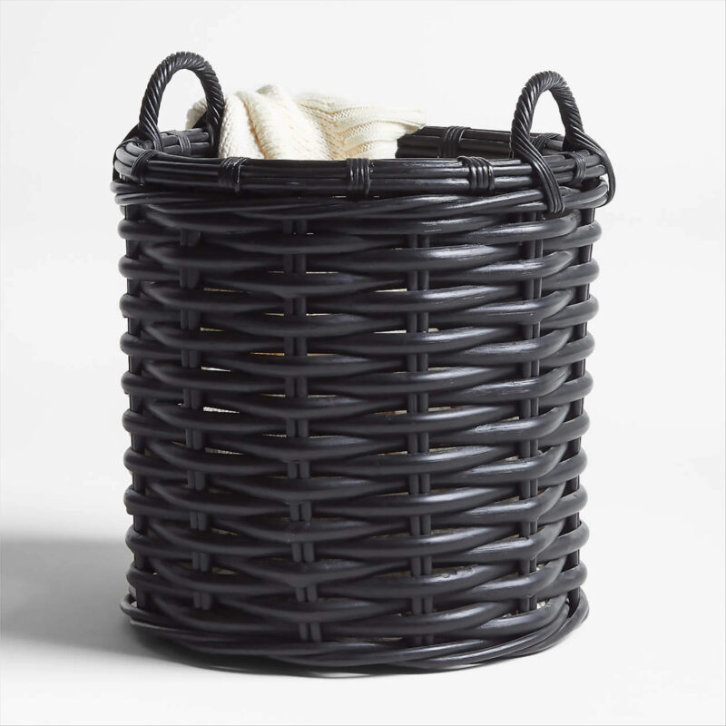 Black Rattan Woven Round Basket + Reviews | Crate & Barrel