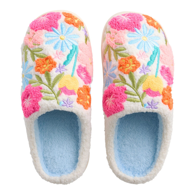 Blue and Red Fuzzy Plush Floral Embroidered Slippers