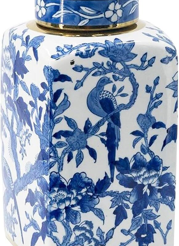 Blue and White Porcelain Lidded Jar with Floral Bird Motif and Gold Accents, Traditional Chinoise...