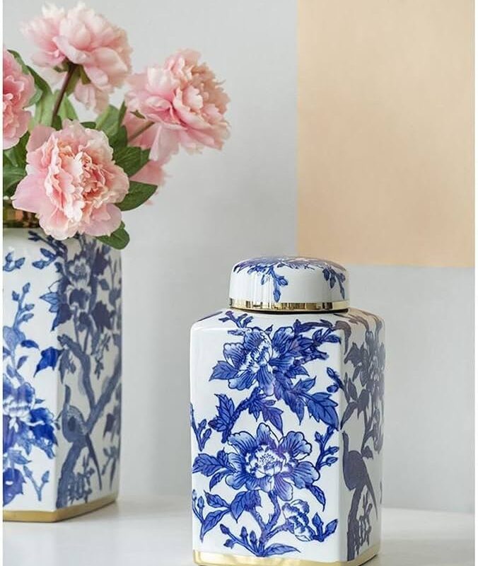 Blue and White Porcelain Lidded Jar with Floral Bird Motif and Gold Accents, Traditional Chinoise...