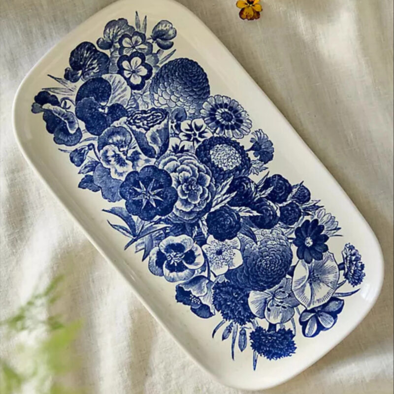 Blue Floral Stoneware Serving Platter, Medium