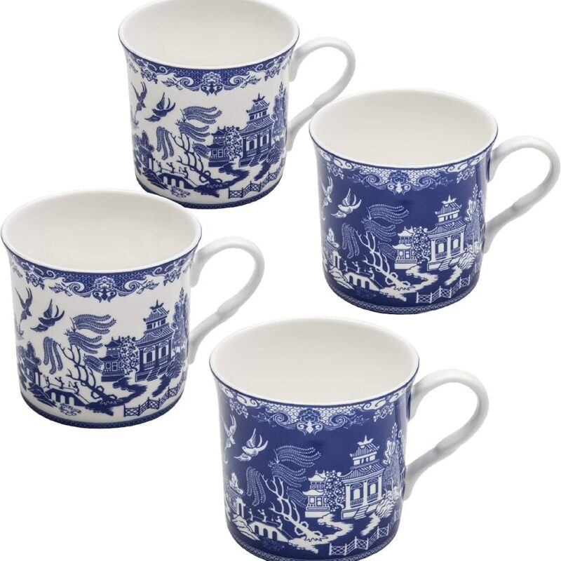 Blue Willow Bone China Coffee Tea Mugs 10-Ounce (2 Assorted Patterns, Set of 4) (S17301I/C-BLU-6)